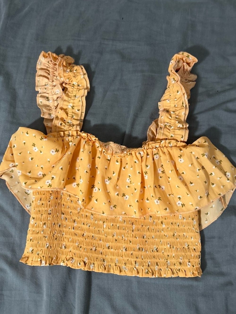 Forever 21 Yellow Floral Smocked Ruffle Crop Top